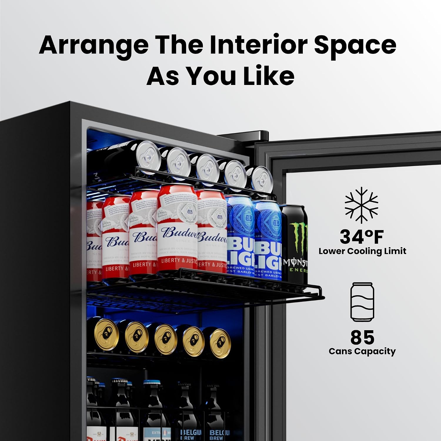Yeego Countertop & Freestanding Beverage Fridge, 85-Can Mini Drink Refrigerator with Glass Door, Adjustable Shelves, Digital Temperature Control 34–54°F, Compact Cooler for Kitchen, Office, Bar