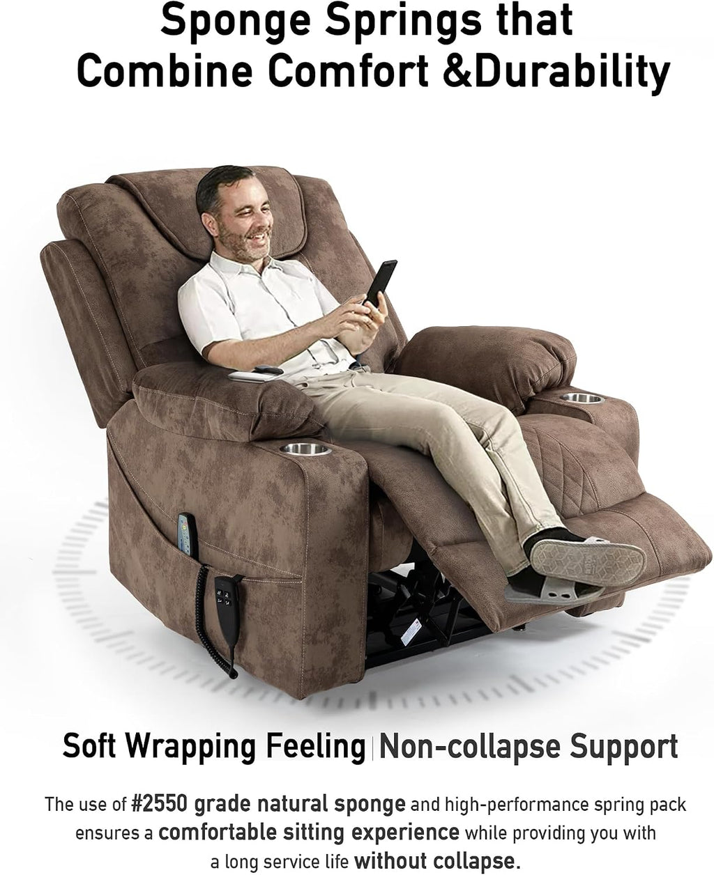 Oversized Lazy Boy Recliner Chair, 2 Motor Leather Recliner, Nursing Lift Chair with Massage and Lumbar Heating, Functional Adult Power Recliner with Cup Holders
