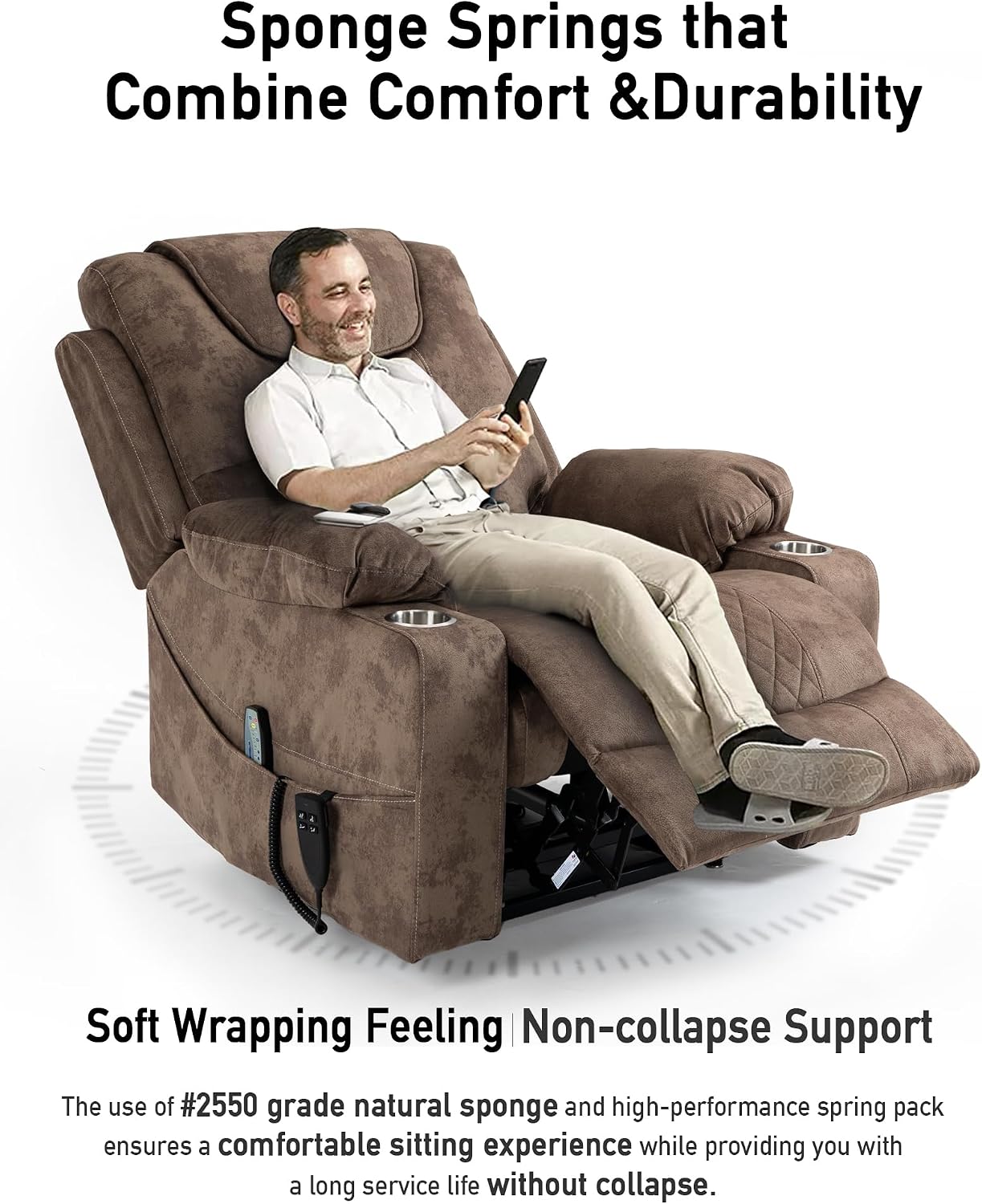 Oversized Lazy Boy Recliner Chair, 2 Motor Leather Recliner, Nursing Lift Chair with Massage and Lumbar Heating, Functional Adult Power Recliner with Cup Holders
