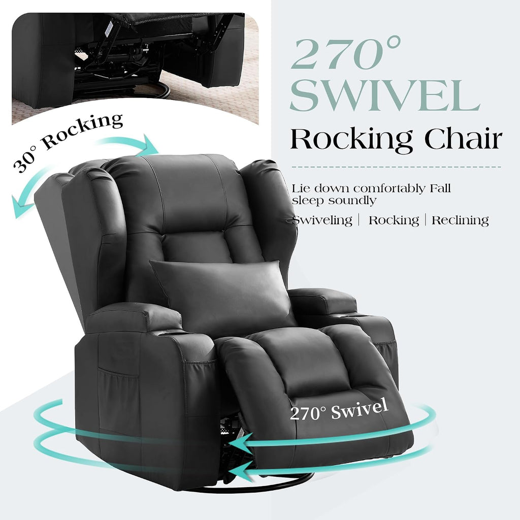 TUNYI Power Recliner Chair - Faux Leather Home Theater Seating Glider Reclining Sofa with Massage & Heat Swivel Rocker Recliner Chair for Living Room with LED Light/USB Port/Lumbar Pillow (Black)