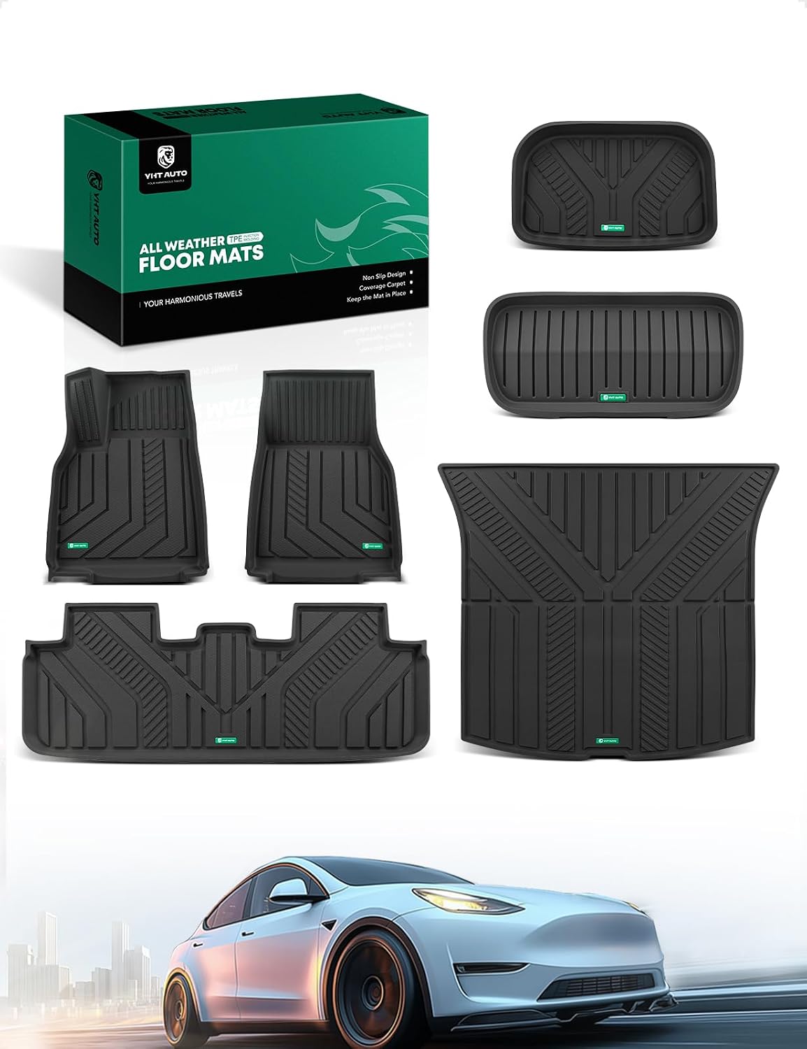 YHTAUTO Floor Mats & Cargo Liners for Tesla Model Y Juniper 2025 2026, TPE Floor Liners All Weather Custom Fit, 1st & 2nd Row & Frunk Mat & Cargo Trunk Mat & Lower Storage Mat, Set of 6, Black