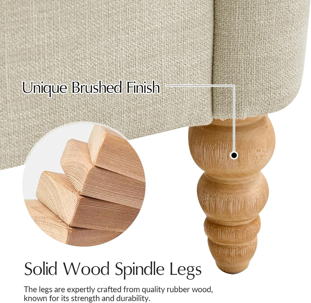 HULALA HOME Farmhouse Curved Couch with Solid Wood Spindle Legs, 3 Seater Sofa with Rolled Wide Armrests, Comfy Upholstered Sofa for Living Room Bedroom, Linen