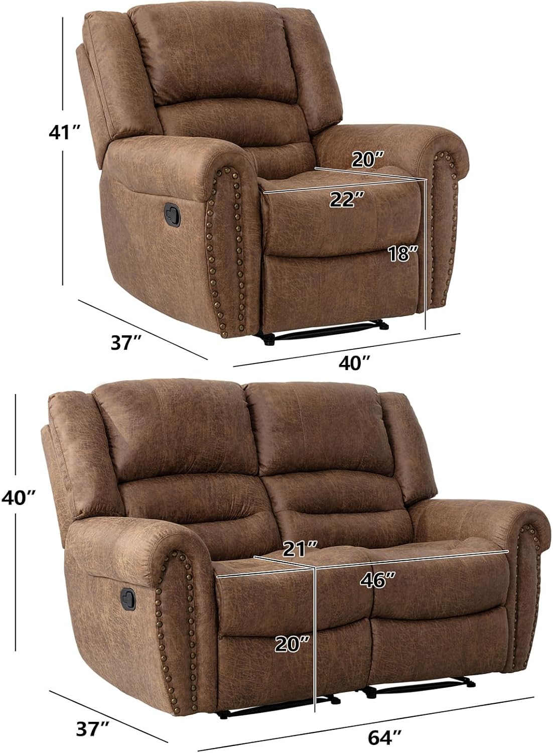 CANMOV Faux Leather Manual Recliner Sofa Set, 2 Recliner Chair and a Loveseat Sofa for Living Room,Bedroom Furniture, Office, Nut Brown