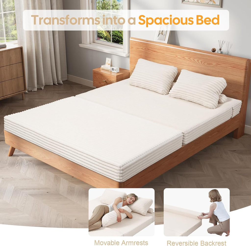 MeMoreCool Convertible Sofa Bed, Folding Floor Couch Bed Queen, Pull Out Sleeper Couch with Pillows, Fold Out Futon Sofa for Bedroom Living Room Small Space, Corduroy Beige