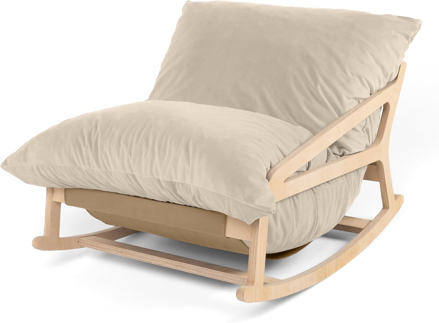 Pillow Saxx Bean Bag Rocking Chair - Elegant Oversized Rocker with Modern Wood Frame, Lush Velvet Ivory