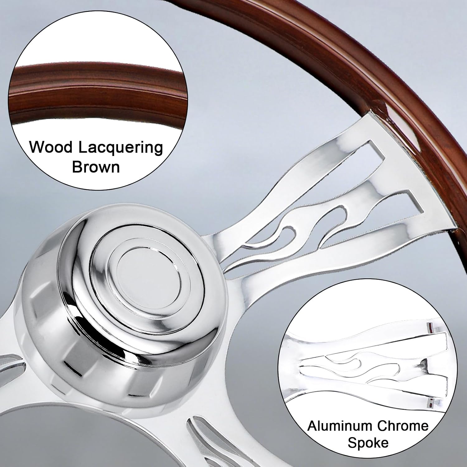 Sorghum 18' Solid Wood Steering Wheel - 3 Spokes Aluminum Chrome Classic Steering Wheel with Horn Button for Trucks Compatible with Mack Kenworth Peterbilt Volvo Freightliner-Flame Designs
