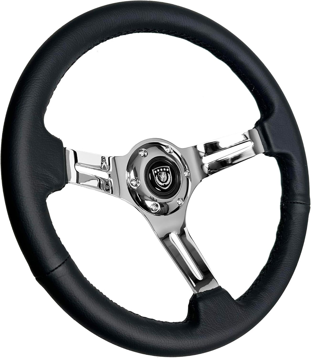 VSW S6 Steering Wheel, Black Leather 6 Bolt Chrome Slotted 3-Spoke ST3012BLK