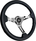VSW S6 Steering Wheel, Black Leather 6 Bolt Chrome Slotted 3-Spoke ST3012BLK