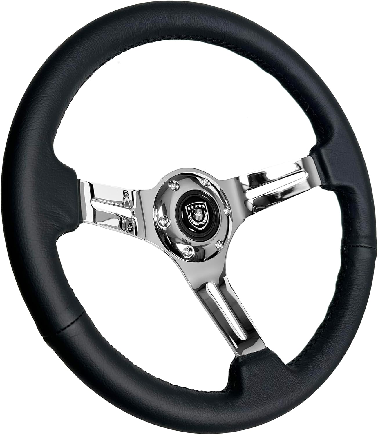 VSW S6 Steering Wheel, Black Leather 6 Bolt Chrome Slotted 3-Spoke ST3012BLK