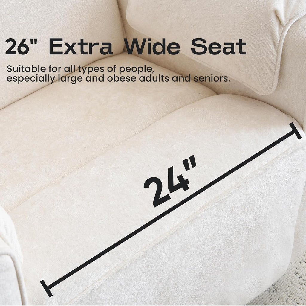 Chenille Rocking Chair Nursery with Adjustable Headrest, 24' Extra Wide Swivel Rocker Recliner with Overstuffed Armrest, Oversized Power Rocker Recliner with USB Ports, Cream