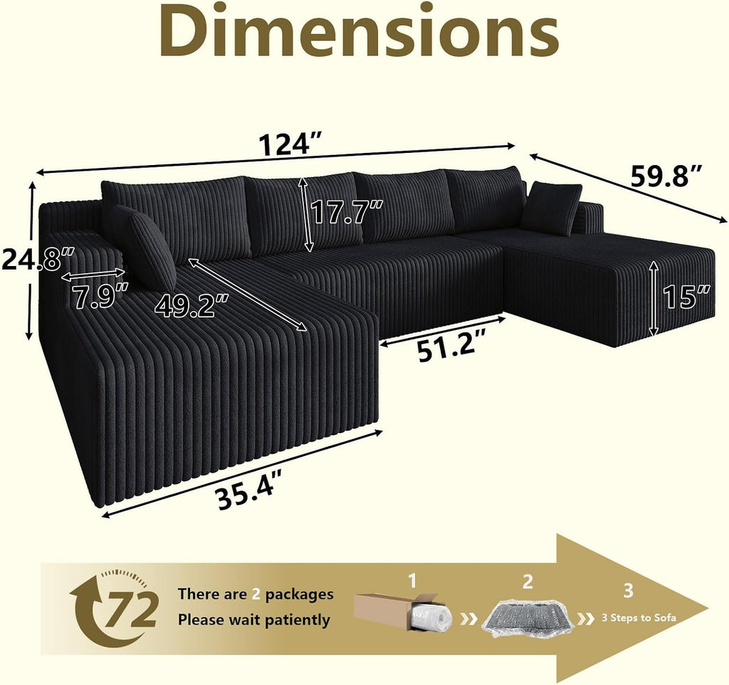 124' Modular Sectional Sofa, Modern Corduroy Cloud Couch with Deep Seat, Boneless Couch Upholstered 4-Seater U-Shaped Sofa for Living Room, No Assembly Required (Black)