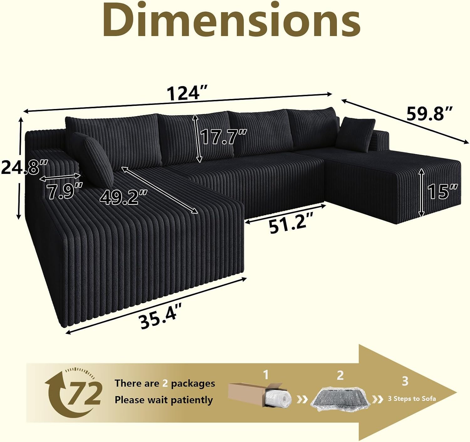 124' Modular Sectional Sofa, Modern Corduroy Cloud Couch with Deep Seat, Boneless Couch Upholstered 4-Seater U-Shaped Sofa for Living Room, No Assembly Required (Black)