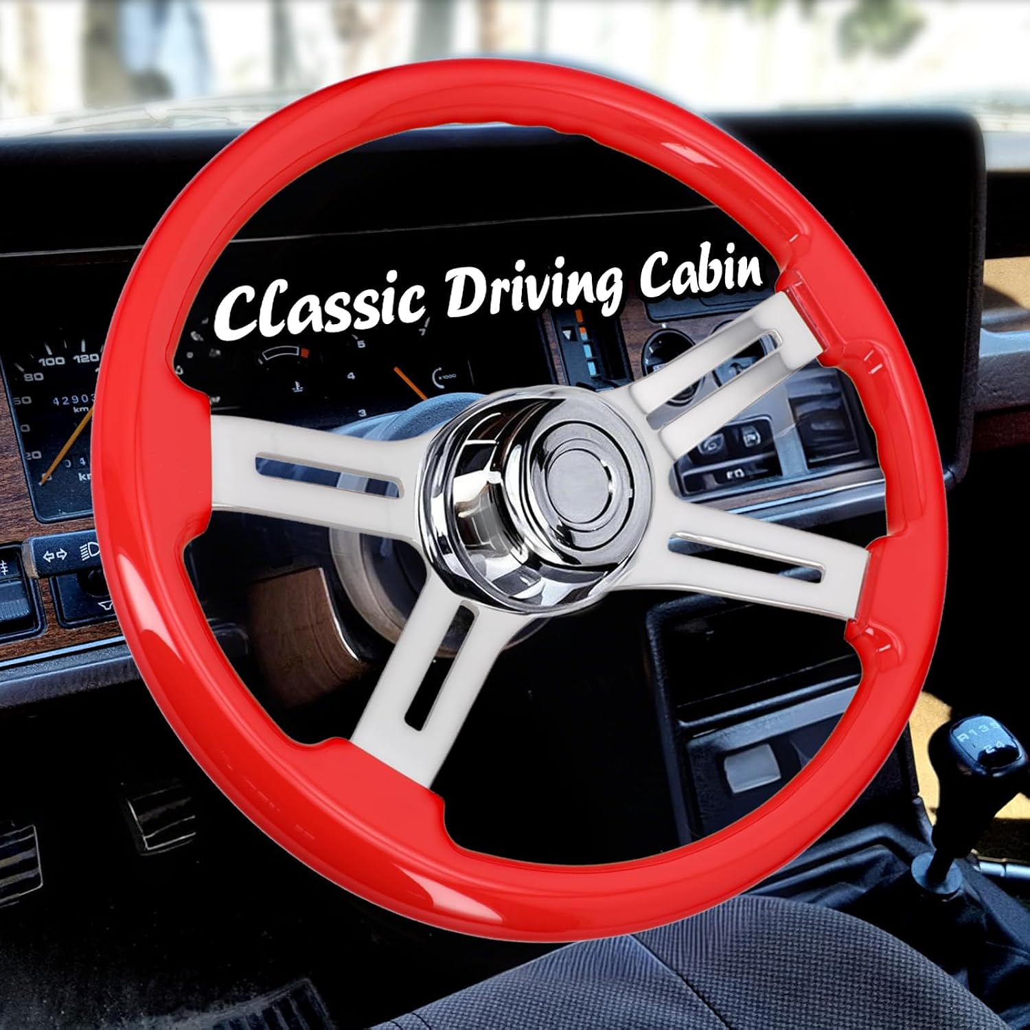 Sorghum 18' Solid Wood Steering Wheel - 4 Spokes Aluminum Chrome Classic Steering Wheel with Horn Button for Semi-Trailers Trucks Compatible with Mack Kenworth Peterbilt Volvo Freightliner-Red