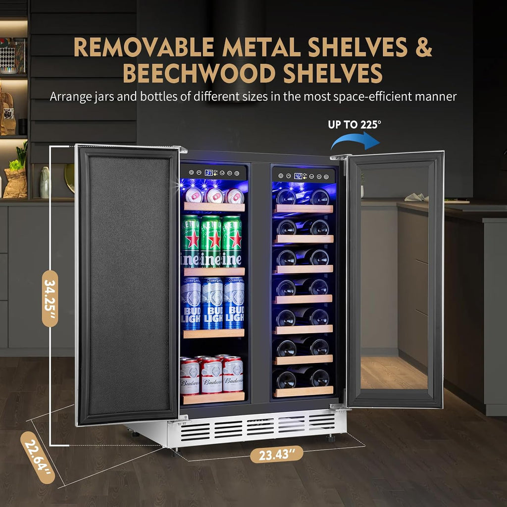 ORYMUSE Wine and Beverage Refrigerator Dual Zone, 24' Undercounter Beverage Fridge for Soda, Water and Beer, Built-in/Freestanding, Holds 20 Bottles & 88 Cans, Stainless Steel