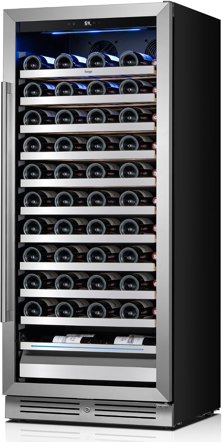 Yeego 24 Inch Wine Fridge – 40°F-65°F Wine Cooler Refrigerator, 304 Stainless Steel Glass Door Lock, Temperature Memory Blue & White LED Built-in Wine Fridge with Adjustable Shelves (89 Bottle)