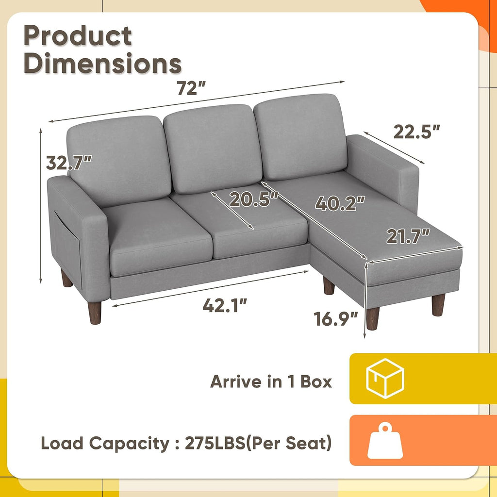YESHOMY Couches for Living Room, Sofa with Movable Ottoman, Small Couch with Reversible Chaise and Side Pockets, L Shaped Couch for Small Space, Apartment (Linen Fabric, Light Grey)