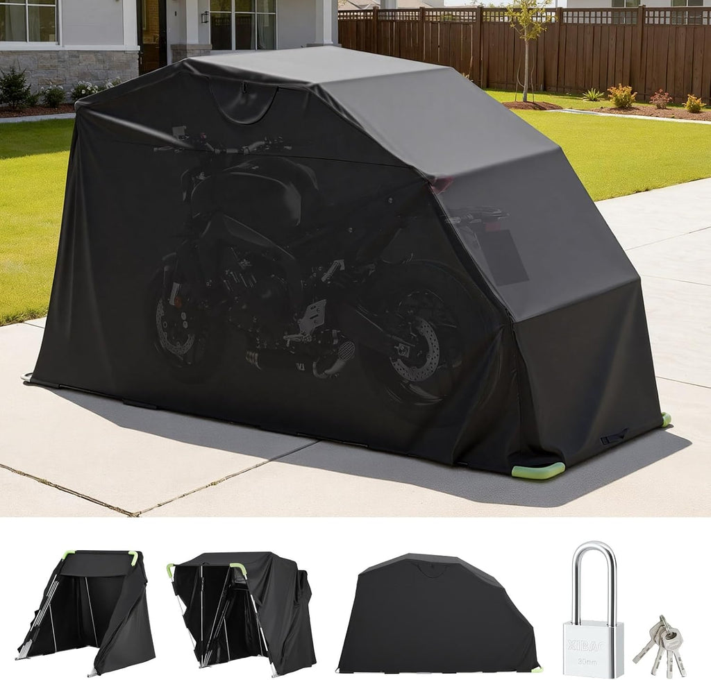 VEVOR Motorcycle Storage Shelter 136 x 54 x 75 in with Security Lock, 600D Oxford Flip-Up Garage Tent, Heavy-Duty All-Weather Motorcycle Cover Shed with 2 Side Windows, Outdoor Vehicle Shelter, Black