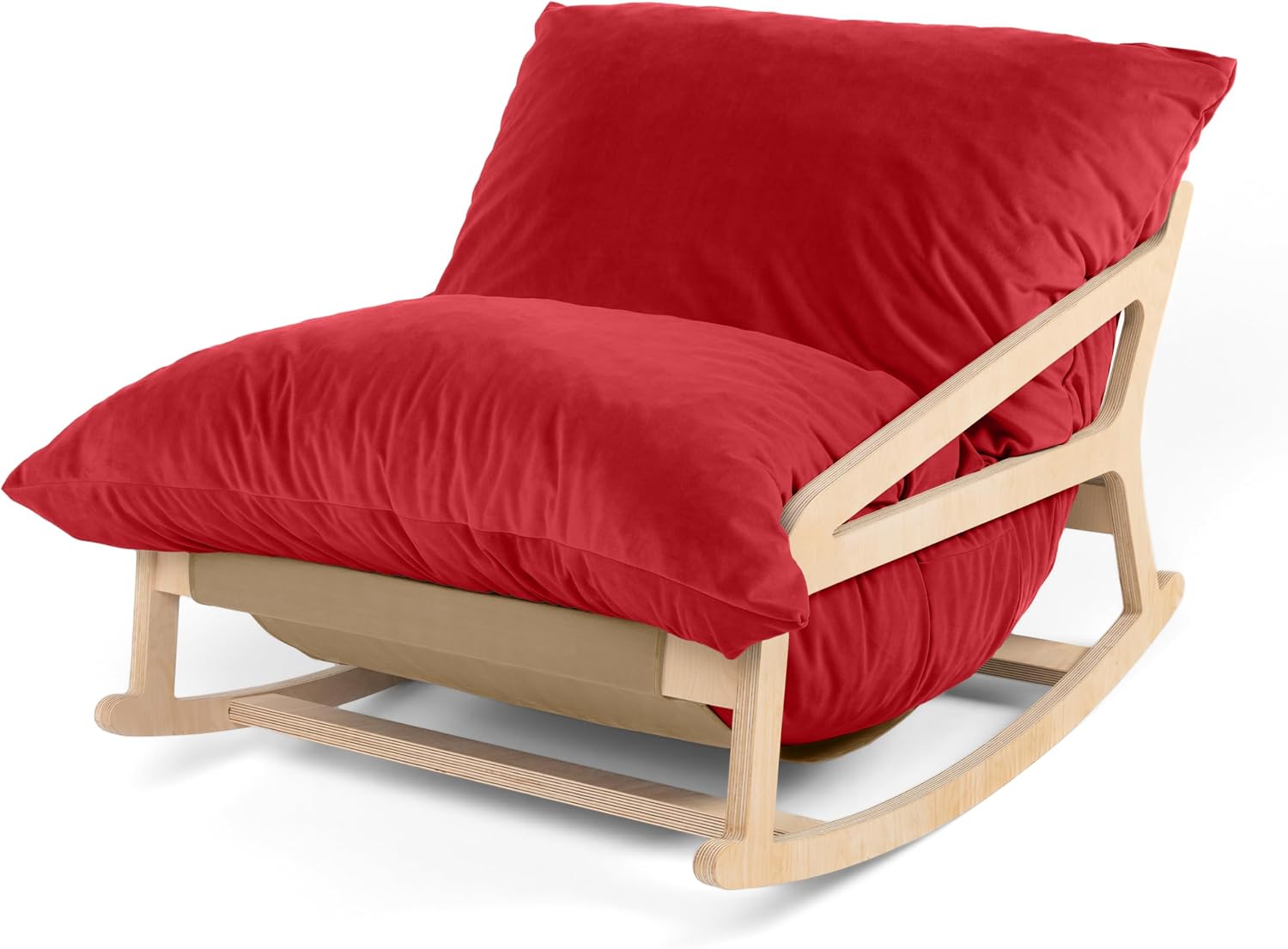 Pillow Saxx Bean Bag Rocking Chair - Elegant Oversized Rocker with Modern Wood Frame, Lush Velvet Merlot