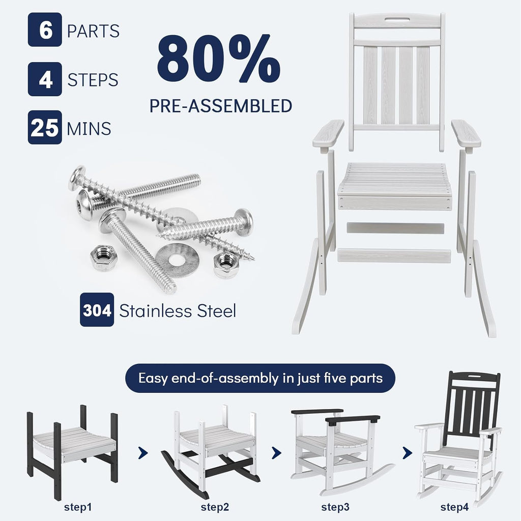 Plawdlik Oversized Outdoor Rocking Chairs 2 Pack - All-Weather HDPE Heavy Duty Patio Rockers with High Back - Modern Style for Porch, Garden - White
