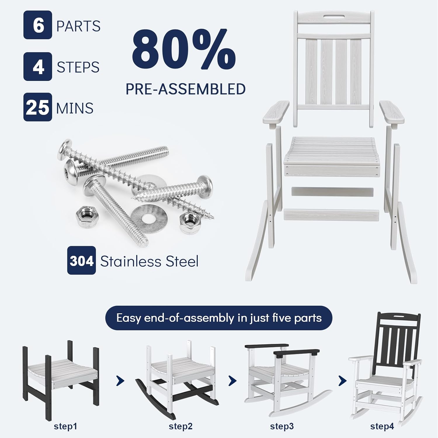 Plawdlik Oversized Outdoor Rocking Chairs 2 Pack - All-Weather HDPE Heavy Duty Patio Rockers with High Back - Modern Style for Porch, Garden - White