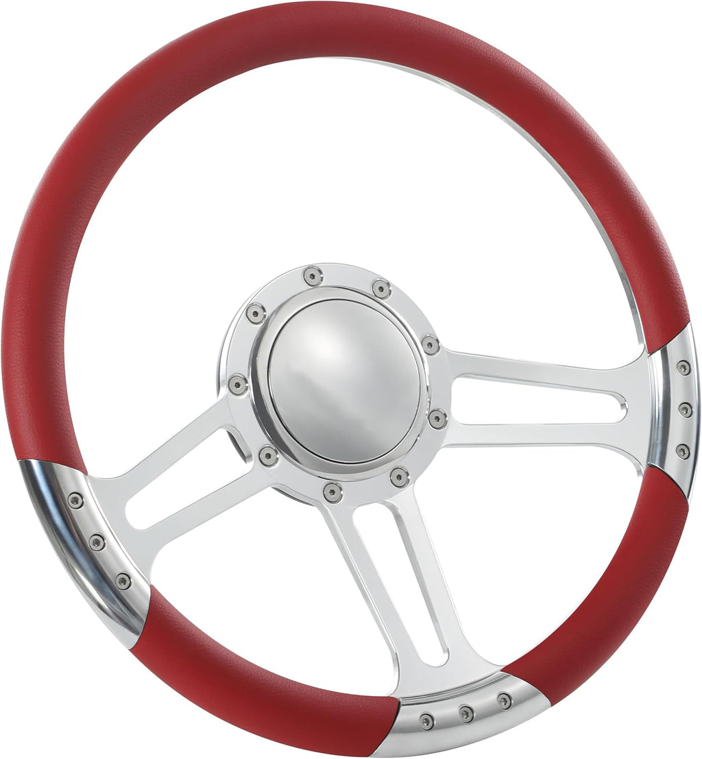 14'' Billet Trinity Half Wrap 9 Bolts Steering Wheel with 2'' Dish and Horn Button (Red)