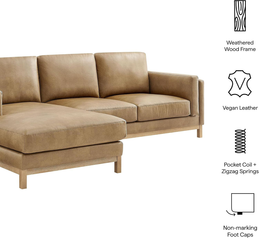 Modway Roscoe Left-Facing Sectional Sofa with Chaise in Toast - 2-Piece Faux Leather Upholstered Deep Seat Couch, L Shaped Modular for Living Room or Lounge