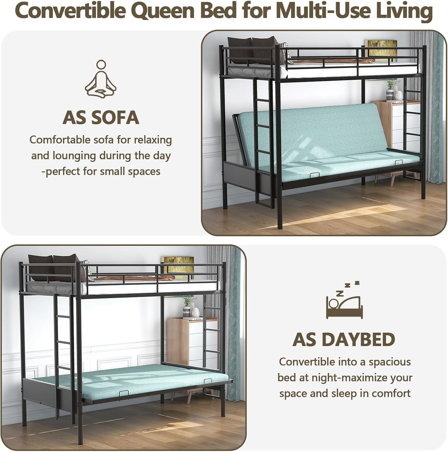 Anwick Twin-Over-Futon Convertible Couch and Bed, Metal Futon Bunk Bed with Guardrails and Ladder, Sturdy Steel Foldable Sofa-Bed for Kids Adults Teens (Twin Over Full Metal Bunk Bed, Twin)