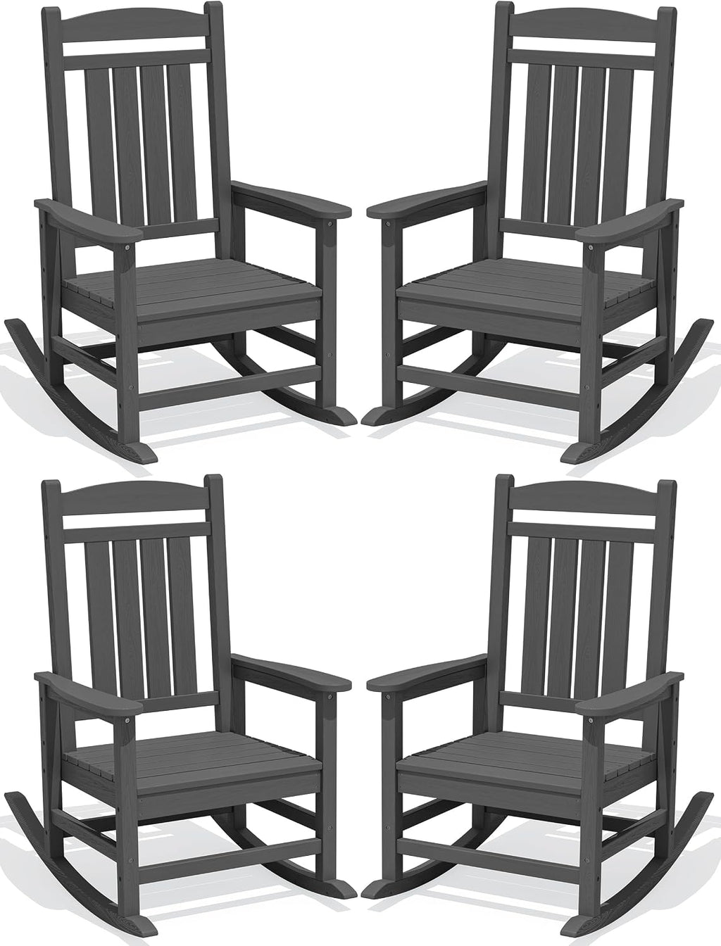 KINGYES Oversized HDPE Patio Rocking Chair Set of 4, Outdoor Rocking Chairs Porch Recliner Rocker for Adults, Grey