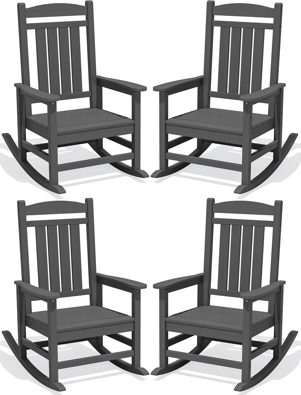 KINGYES Oversized HDPE Patio Rocking Chair Set of 4, Outdoor Rocking Chairs Porch Recliner Rocker for Adults, Grey