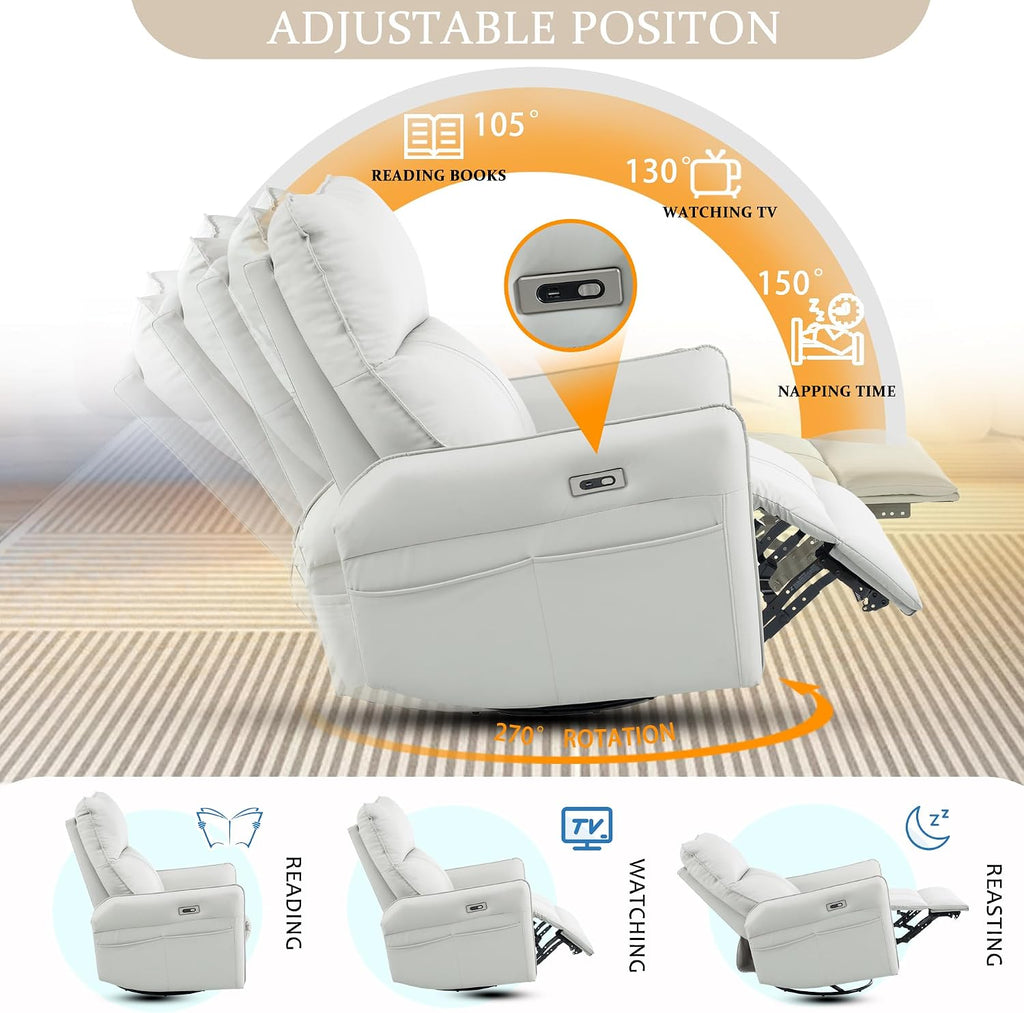 Power Swivel Rocker Recliner Chair for Nursery, Upholstered 270° Swivel Glider Rocker Chair with USB Ports, Small Power Recliners for Small Spaces Living Room (Light Grey)