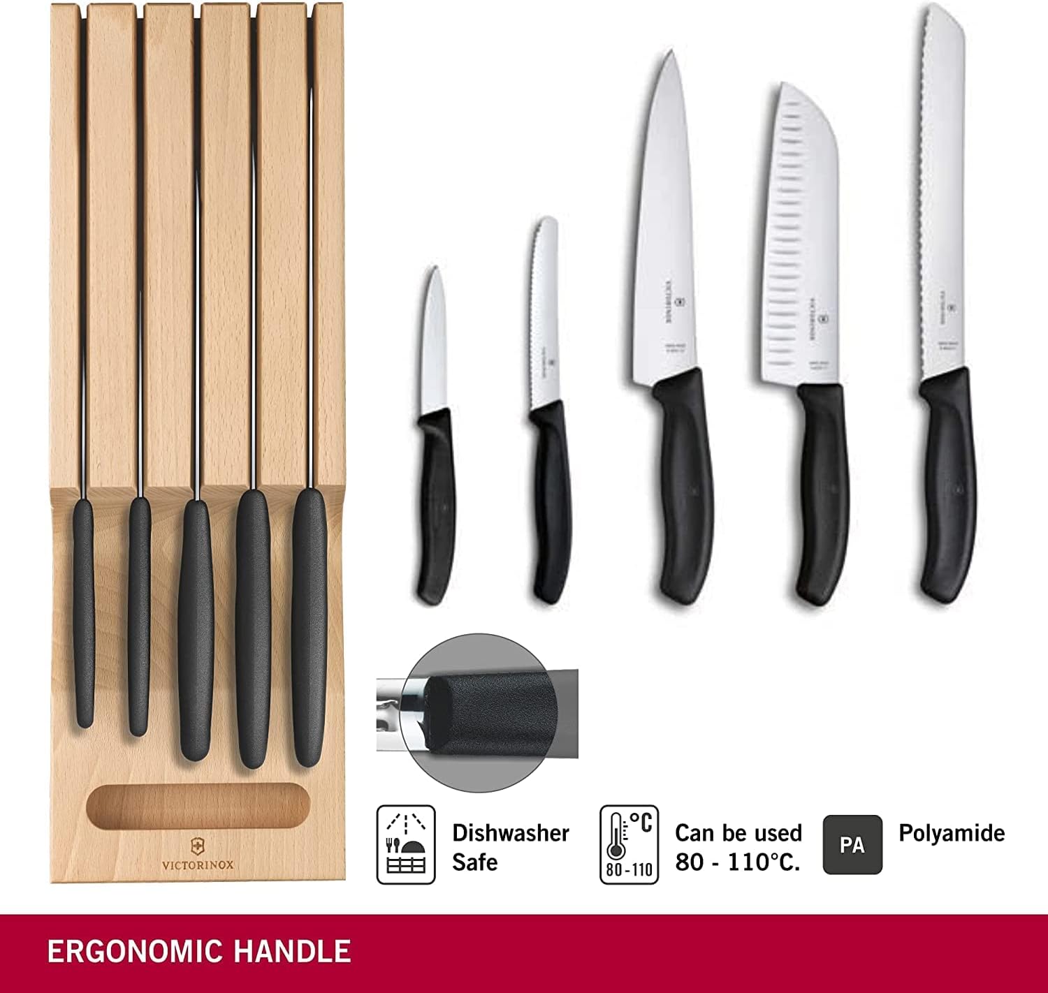 Victorinox Swiss Classic In-Drawer Holder & Knife Set - Includes Organizer and Bread, Santoku, Carving, Paring, Tomato, & Table Knives - 6-Piece Set