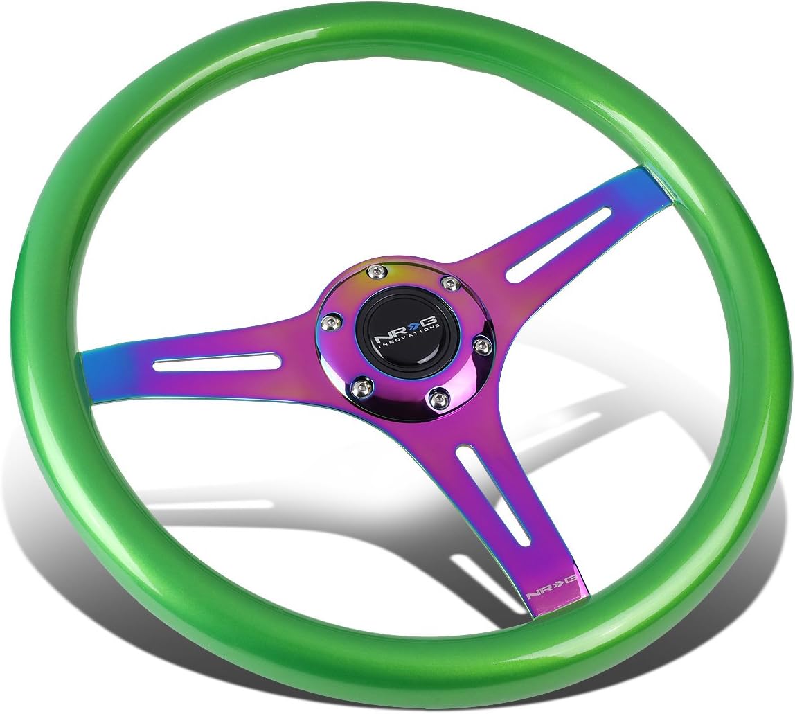 NRG Innovations NRG-ST-015MC-GN Classic Wood Grain Steering Wheel, 350mm 25mm Deep, 3 Neochrome Spokes, Green Pearl/Flake Paint