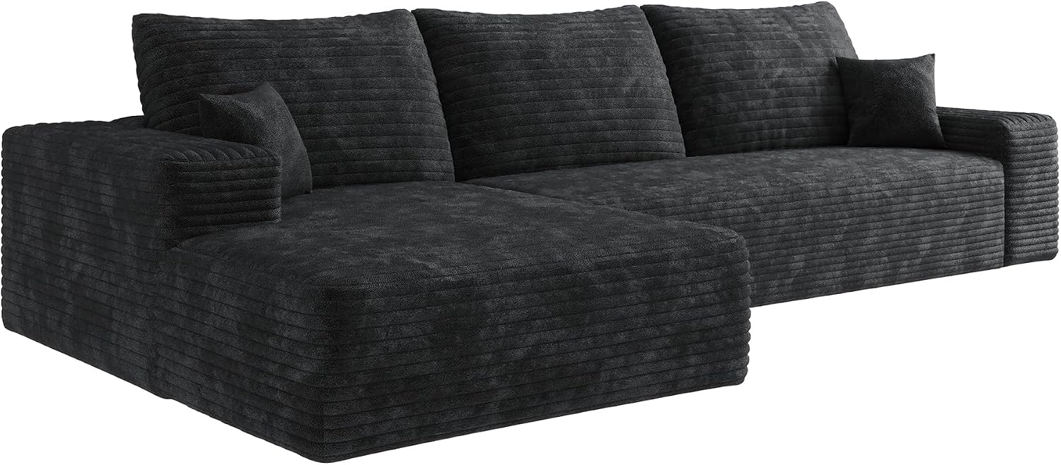 Ball & Cast 107' Cloud Sectional Couch with L-Shape Chaise,Plush Corduroy Boneless Modular Sofa with Deep Seat,Upholstered Couches for Living Room Bedroom,No Assembly Required,Black(Left Facing)