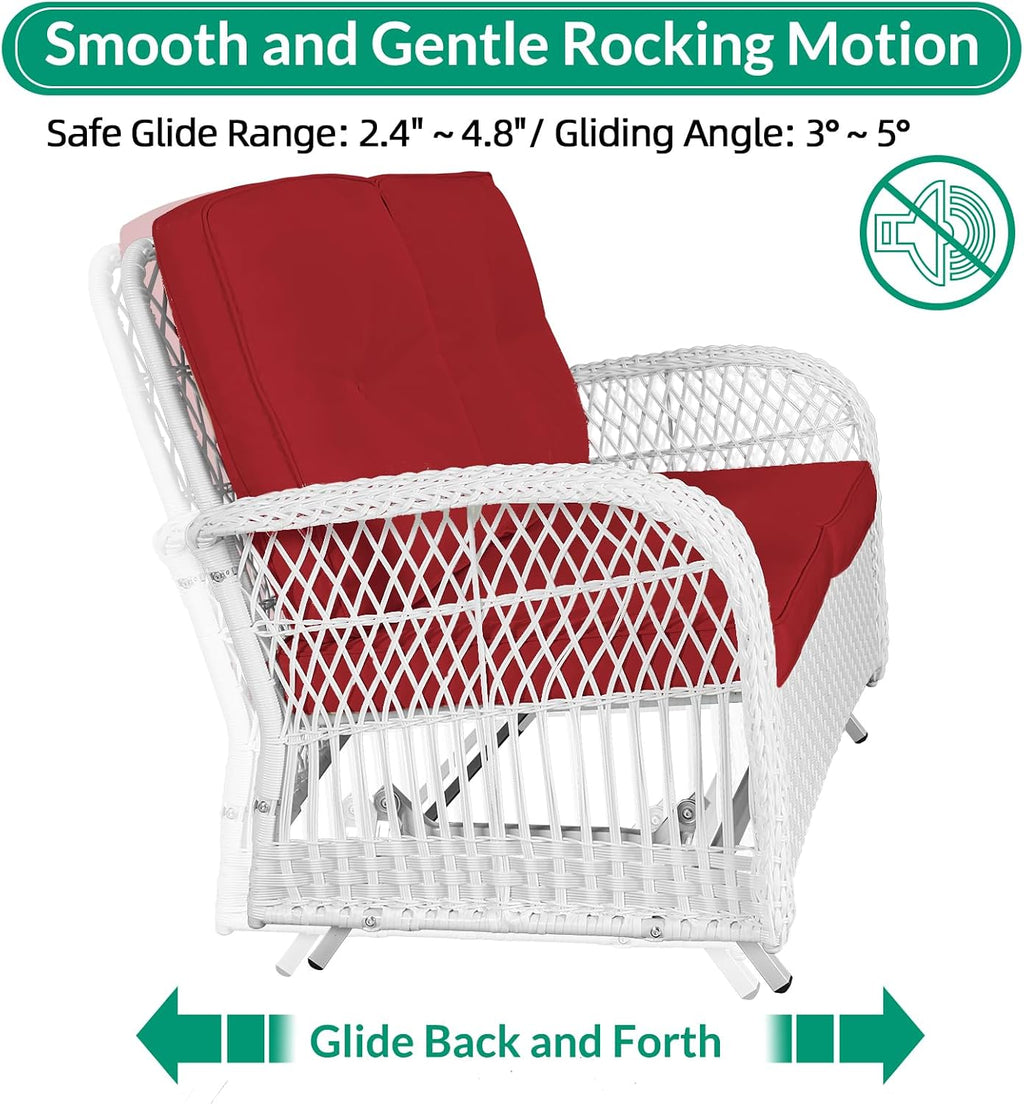VIVIJASON 4-Piece Outdoor Patio White Wicker Conversation Sets, All Weather Rattan Furniture Set Includes Glider Loveseat, Coffee Table, 2 Glider Rocker Chairs w/Cushion for Lawn Balcony, Red