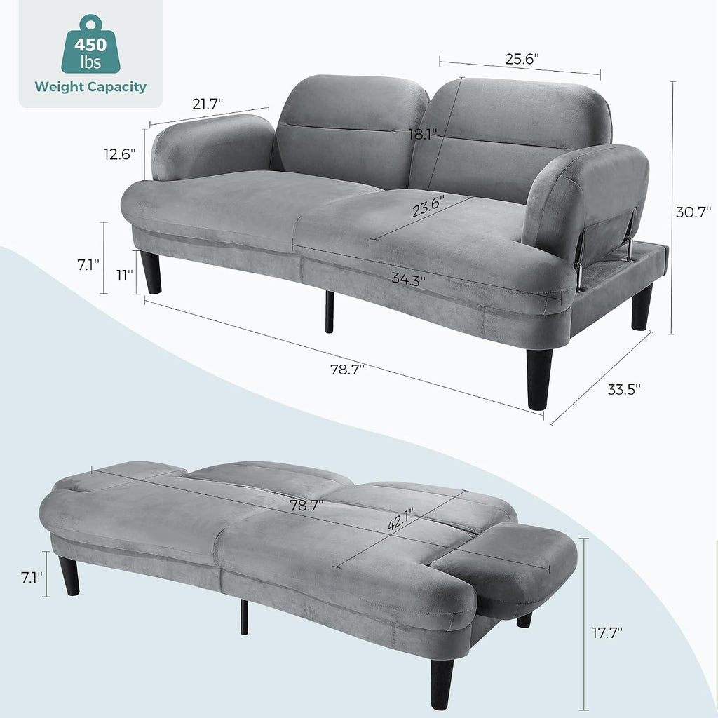 79' Futon Sofa Bed, Sleeper Sofa, Convertible Sofa Bed with Adjustable Backrest and Armrests, Luxury Velvet Cloud Loveseat, Convertible Recliner Sleeper Sofa for Living Room, Bedroom, Apartment, Green