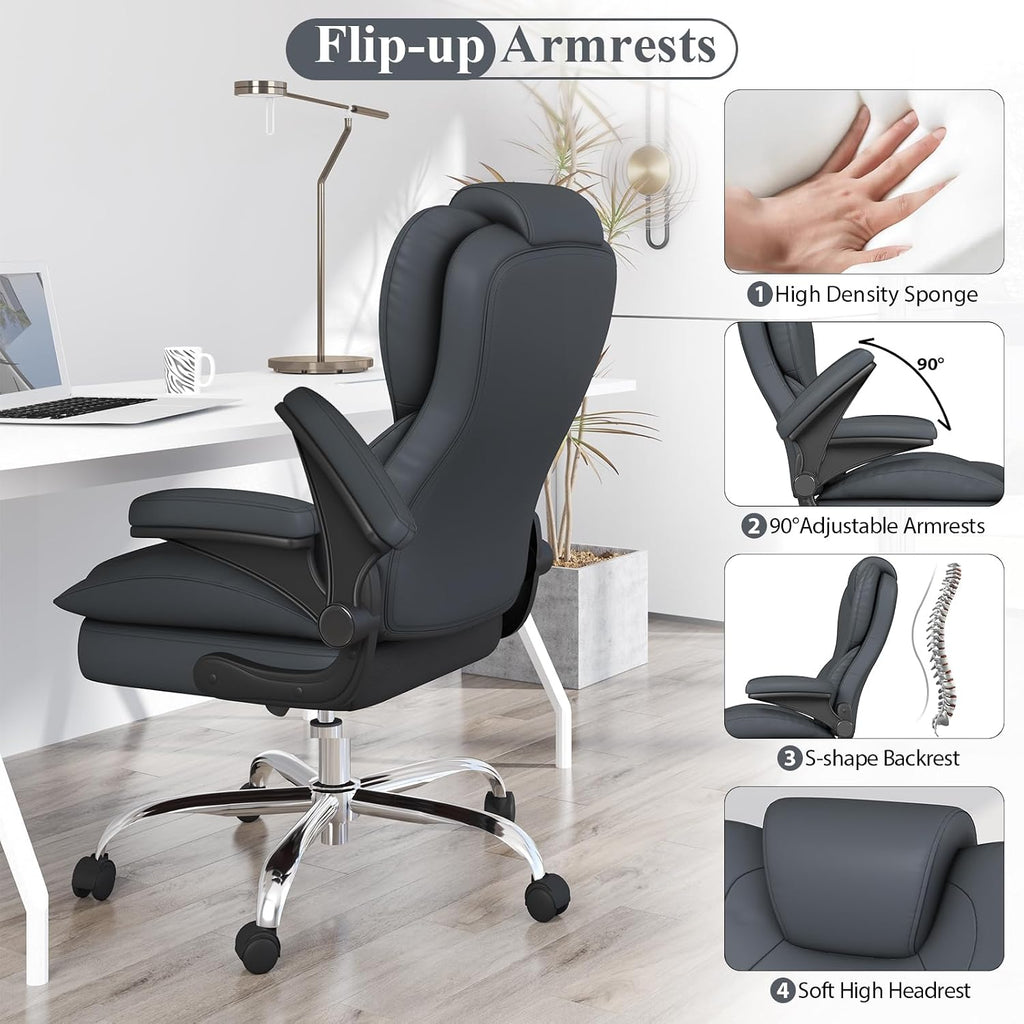 Office Desk Chair, Executive Leather Office Chair, High Back Ergonomic Home Desk Chair with Padded Flip-up Arms, Big and Tall Computer Chair with Rocking Function, 360°Swivel Free, Gray