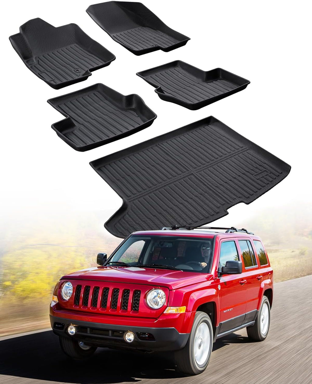 Car Floor Mats for Jeep Patriot 2007-2017: for Dodge Caliber 2007-2012/for Compass Old Body Style with Trunk Mat, 5PCS Rubber All Weather Black Floor Liners, Anti-Slip Interior Protection Accessories