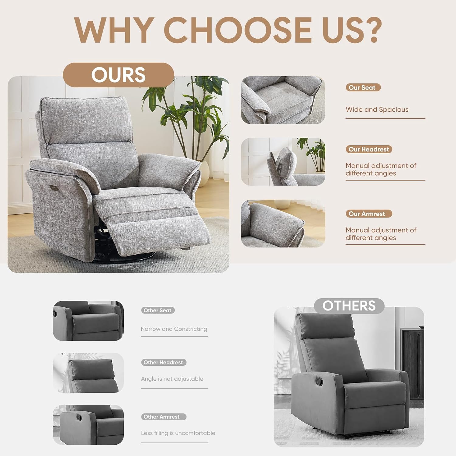 Oversized Rocking Chair Nursery with Massage and Heat, Glider Recliner Nursery Chair with Adjustable Headrest, Power Swivel Rocker Recliner Chair with USB Port, Light Grey