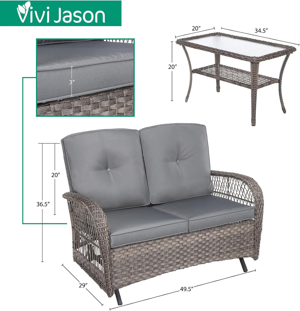 VIVIJASON 2-Piece Patio Wicker Loveseat Glider Set Cushioned, Outdoor Conversation Furniture Sets with 2-Seater Glider Rocking Bench, Coffee Table and Cushions for Porch Garden Poolside, Grey