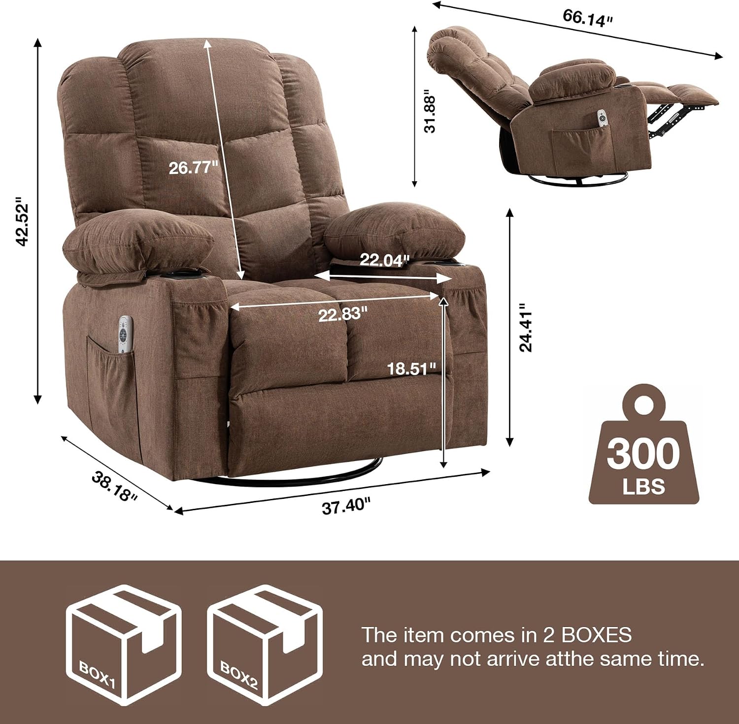 Massage Chair Recliner with Heat&USB,Comfotable Lazy Boy Recliner Chair with Cup Holder&2 Side Pockets,Manual Recliner Chair for Adults,Bread-Shaped,Heavy Duty,Fabric (Brown2)