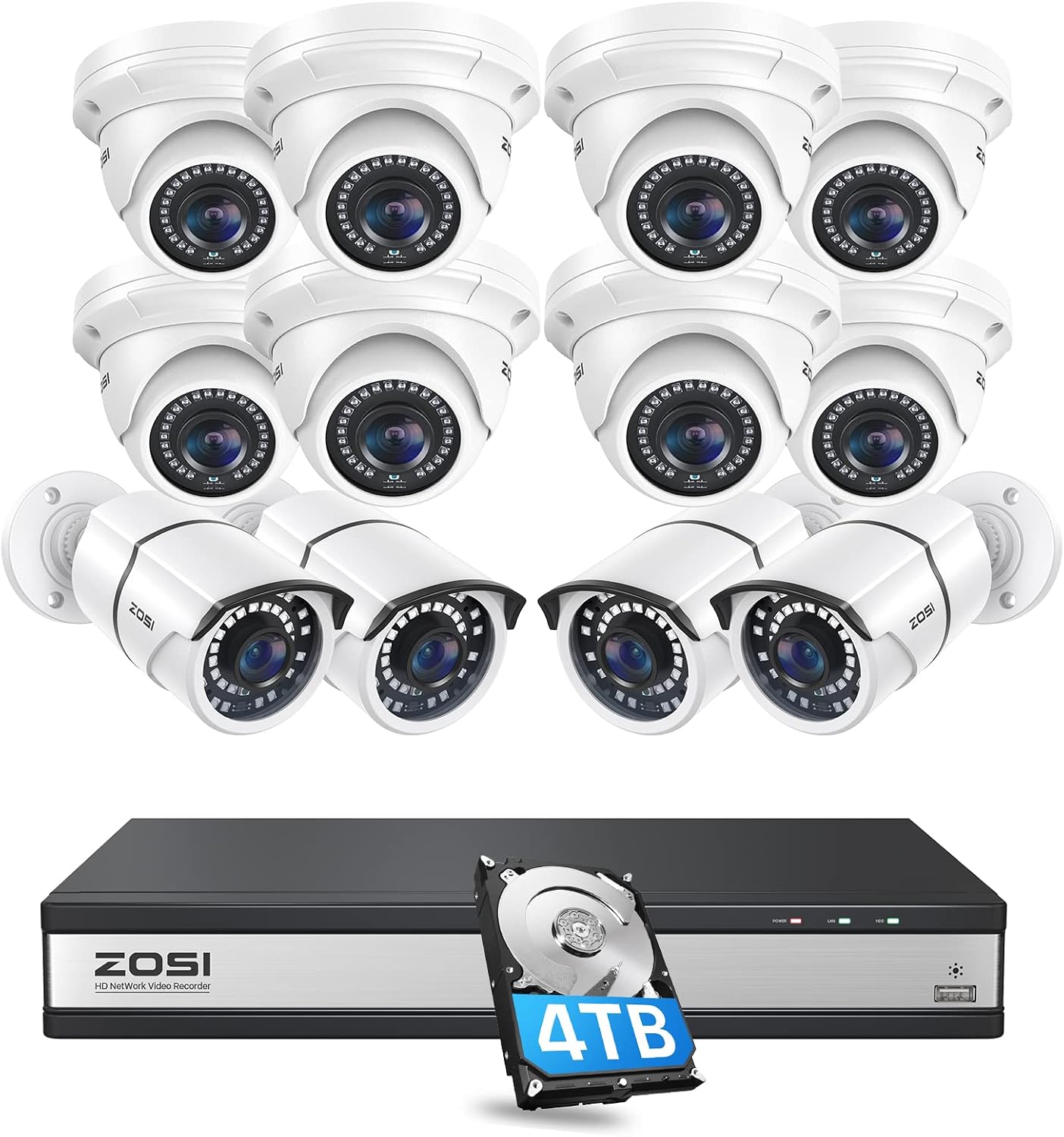 ZOSI 4K 16CH PoE Home Security Camera System,12pcs 5MP Outdoor Indoor Bullet Dome PoE IP Cameras, H.265+ 8MP 16 Channel NVR Recorder with 4TB HDD, Night Vision, Remote Access, for 24/7 Recording