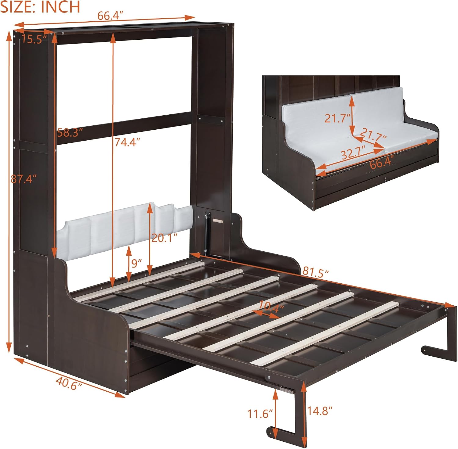 Ball & Cast Murphy Bed Wall Bed Queen Size with Cushion,Sofa Platform Bedfram Chest can be Folded,Wood Folding Hideaway w/Slat Support,Space-Saving Furniture for Guest Room,Study,Office,Espresso