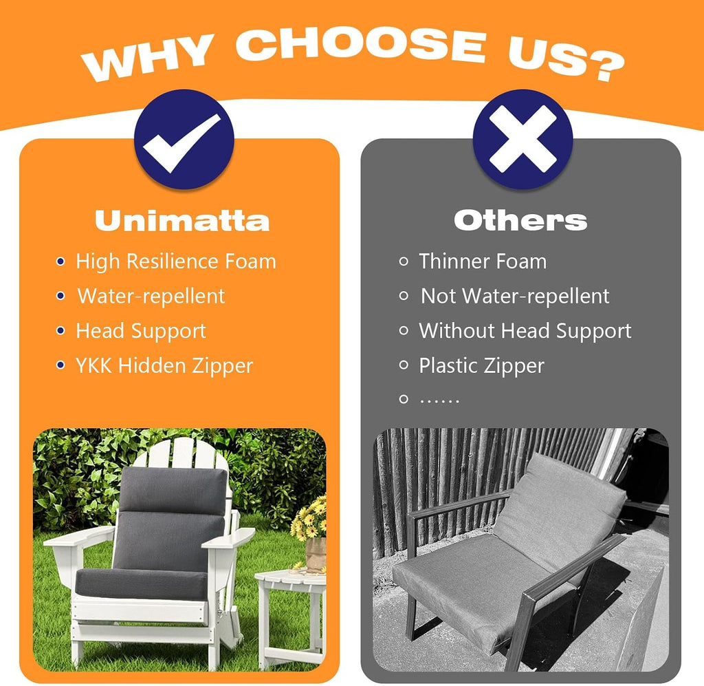 Unimatta Outdoor High Back Chair Cushion Seat Pads, 44 x 21 Inch Water-Repellent & Fade-Resistant Patio Furniture Cushions with Ties for Adirondack, Rocking Chairs, Charcoal