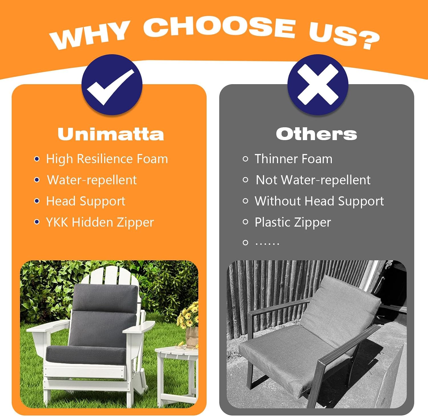 Unimatta Outdoor High Back Chair Cushion Seat Pads, 44 x 21 Inch Water-Repellent & Fade-Resistant Patio Furniture Cushions with Ties for Adirondack, Rocking Chairs, Charcoal