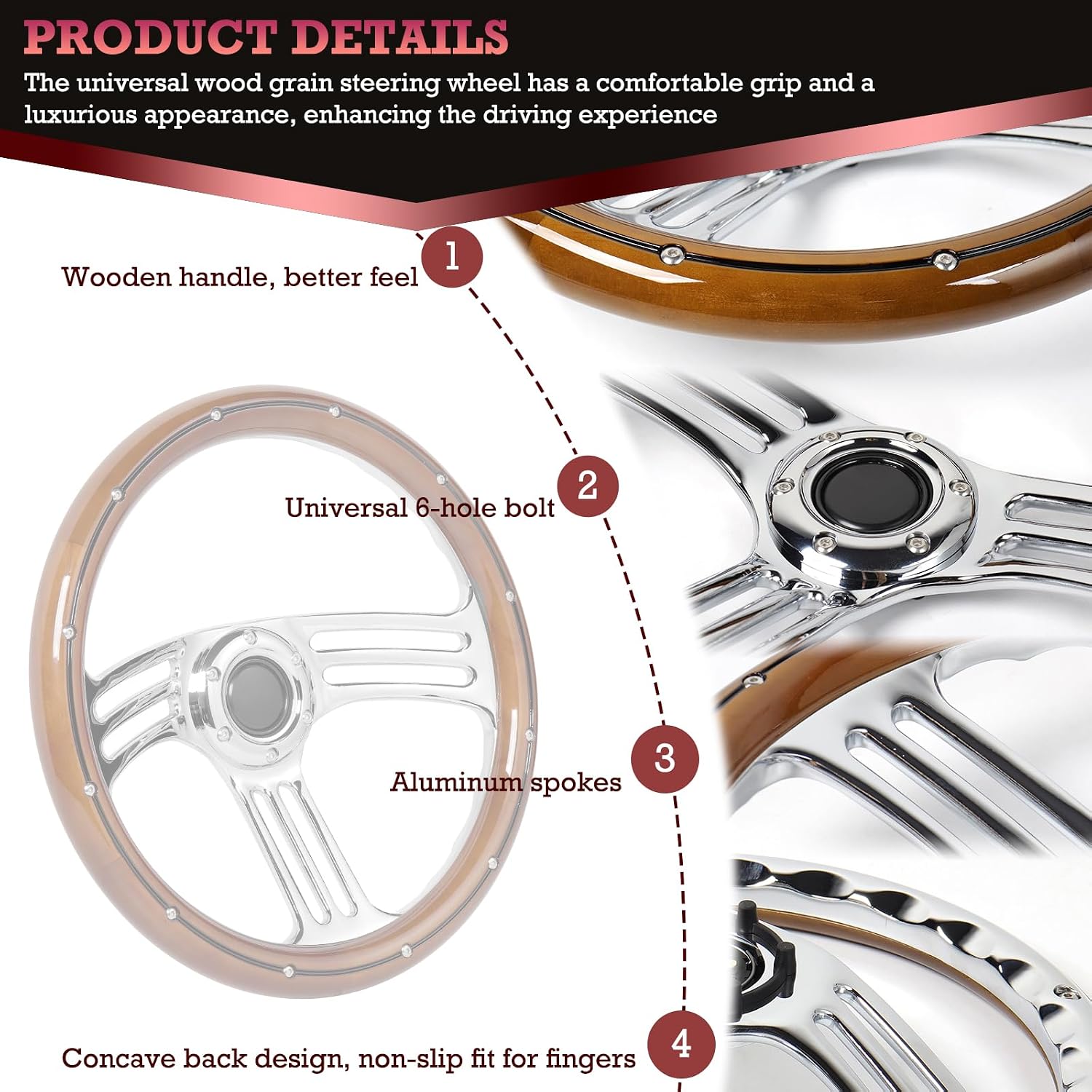 14inch Solid Wood Steering Wheel 350mm Chrome-Plated Aluminum Alloy Spokes, Real Wood Grip, 6-Bolt 3 Spoke Fit for Cars,Vintage Car Classic Car – 70mm Deep Dish Universal Steering Wheel