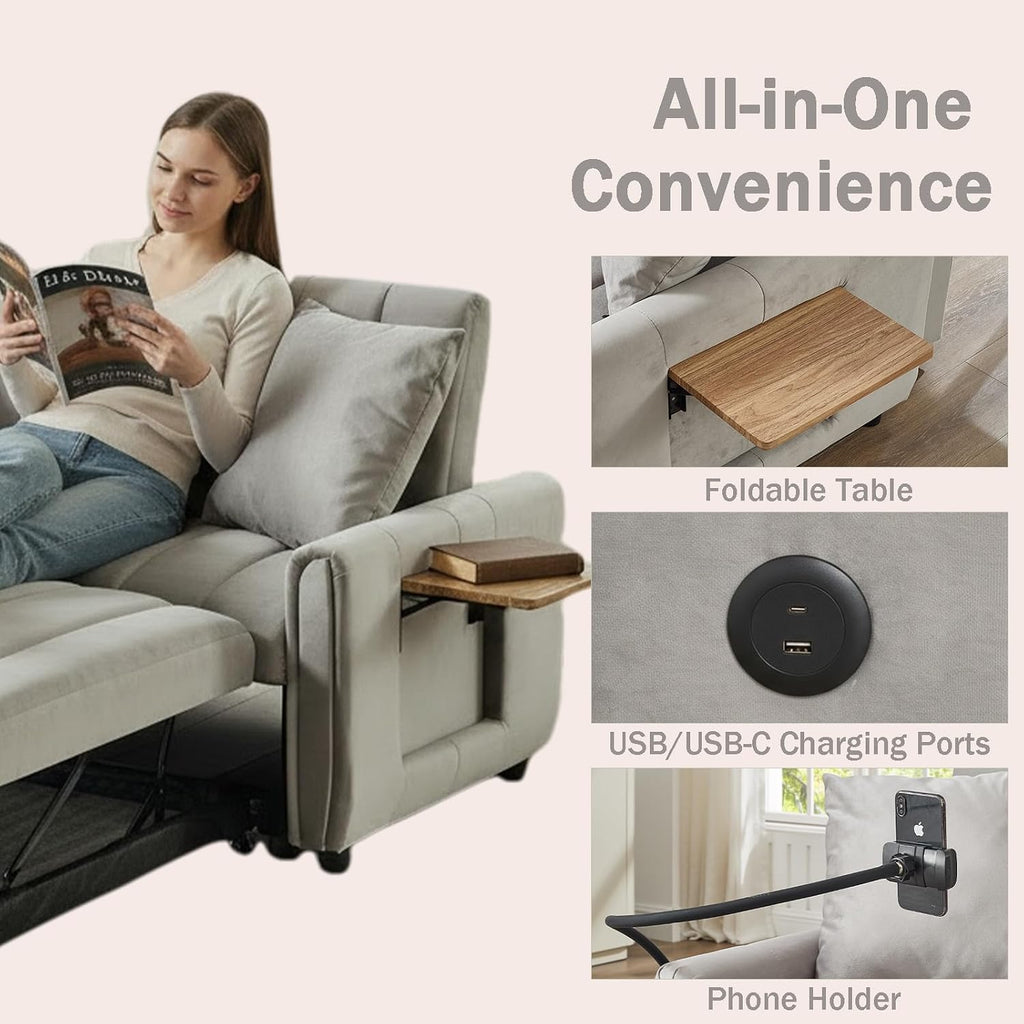 Convertible Sofa Bed, Pull Out Couch with 3-Position Reclining Backrest, Modern Velvet Upholstery Futon Sofa Bed, Loveseat Couch for Living Room, Apartments & Guest Rooms (Grey-2)