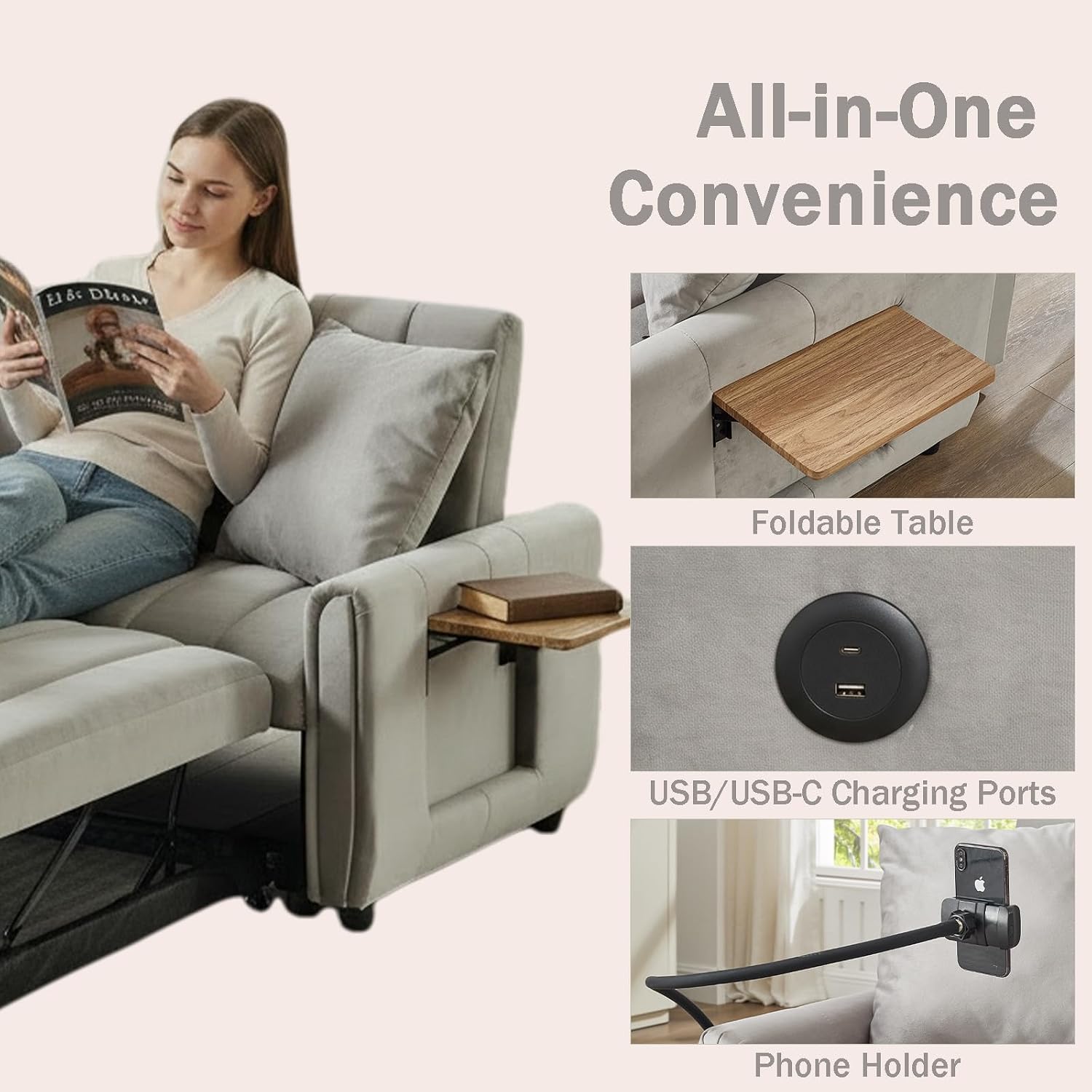 Convertible Sofa Bed, Pull Out Couch with 3-Position Reclining Backrest, Modern Velvet Upholstery Futon Sofa Bed, Loveseat Couch for Living Room, Apartments & Guest Rooms (Grey-2)