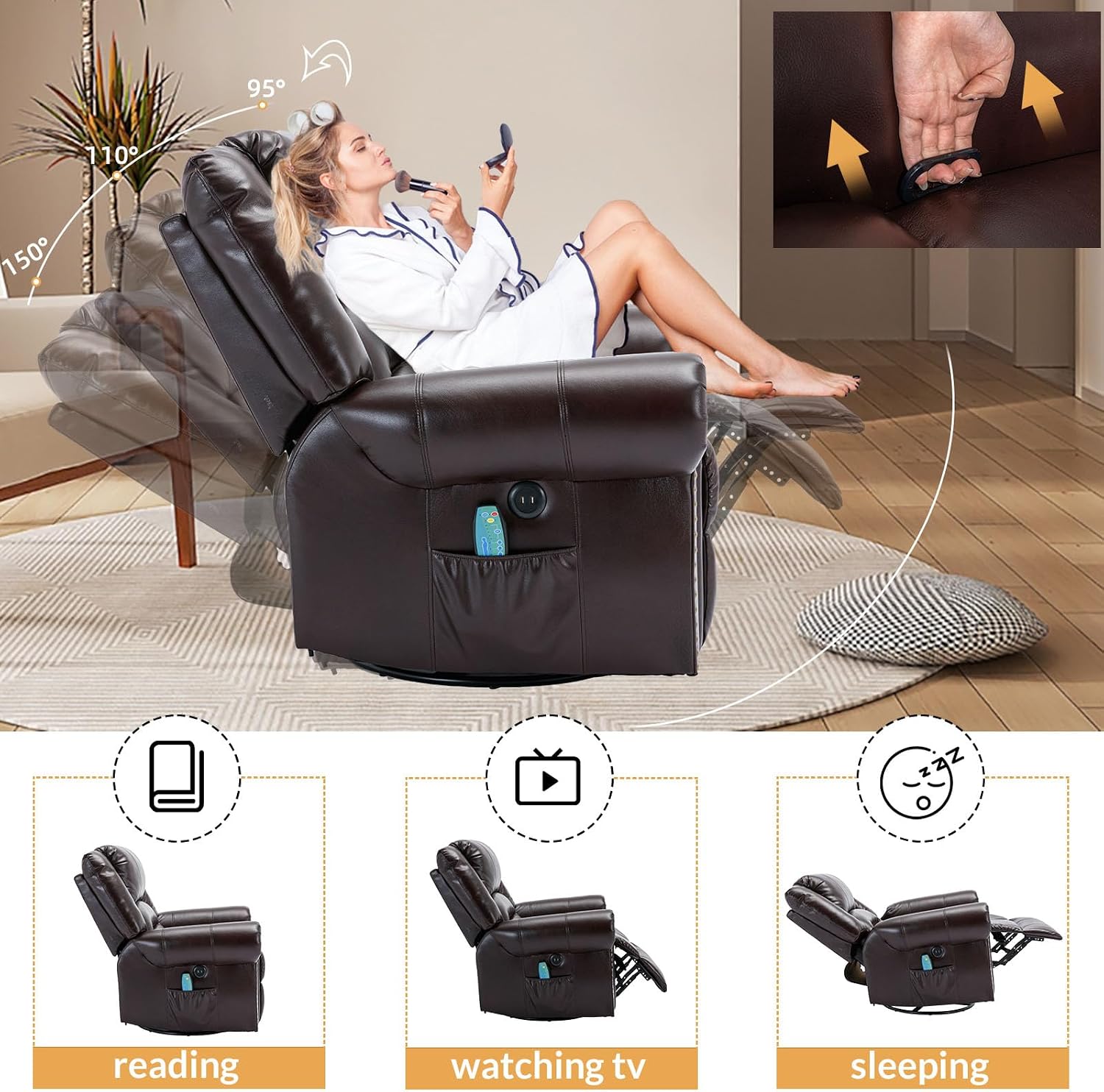 Manual Massage Recliner with Heating Function, 360° Swivel Glider Rocking Recliner Chair for Living Room, Ergonomic Single Sofa Chair with Remote Control/USB Ports/Side Pockets(Dark Brown)