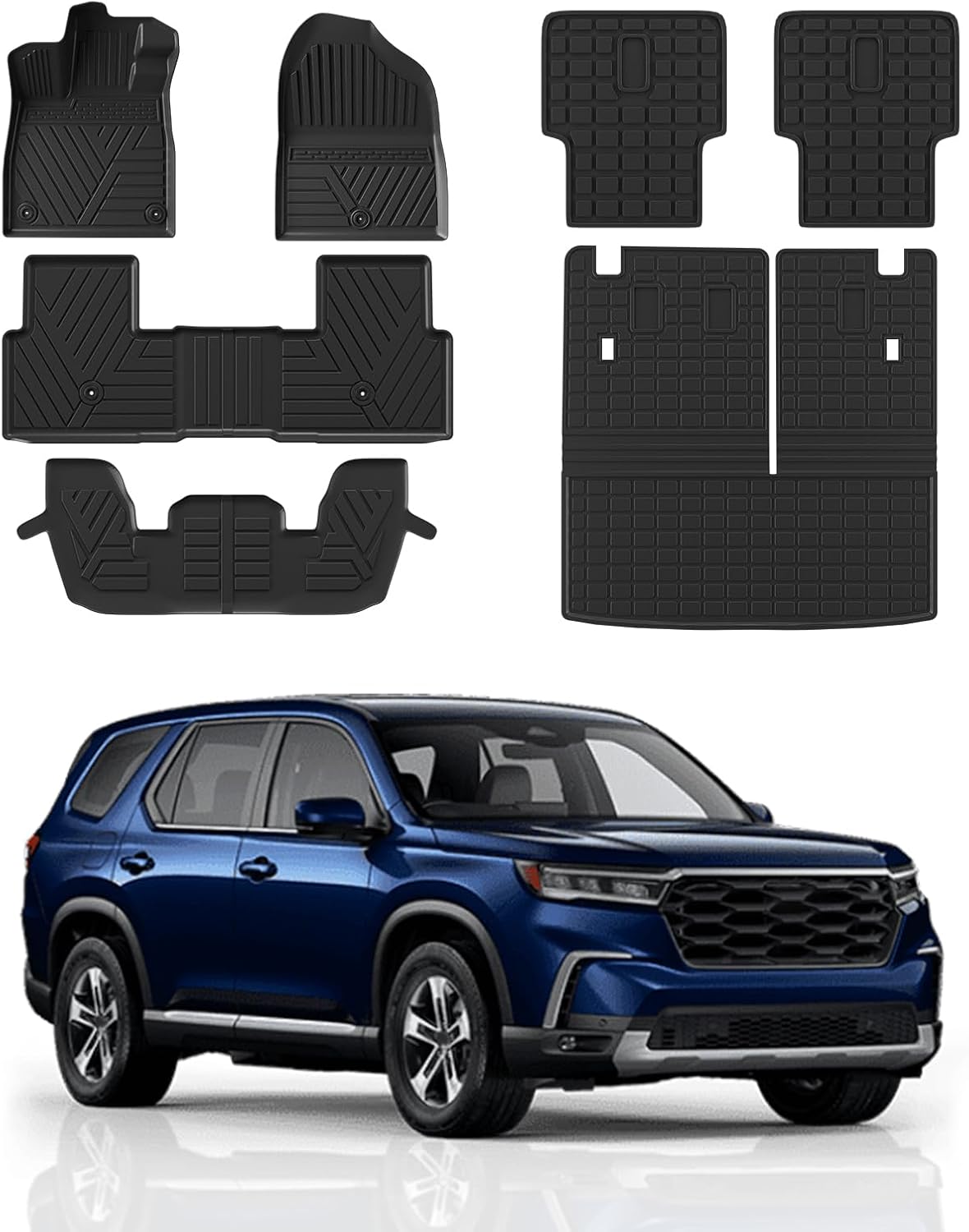 Rongtaod Floor Mats Compatible with 2023 2024 2025 2026 Honda Pilot 7&8-Seater Cargo Mat Trunk Mat Cargo Liner Kick Mats Back Seat Cover TPE All Weather Pilot Accessories (Floor Mats Full Set 7pcs)