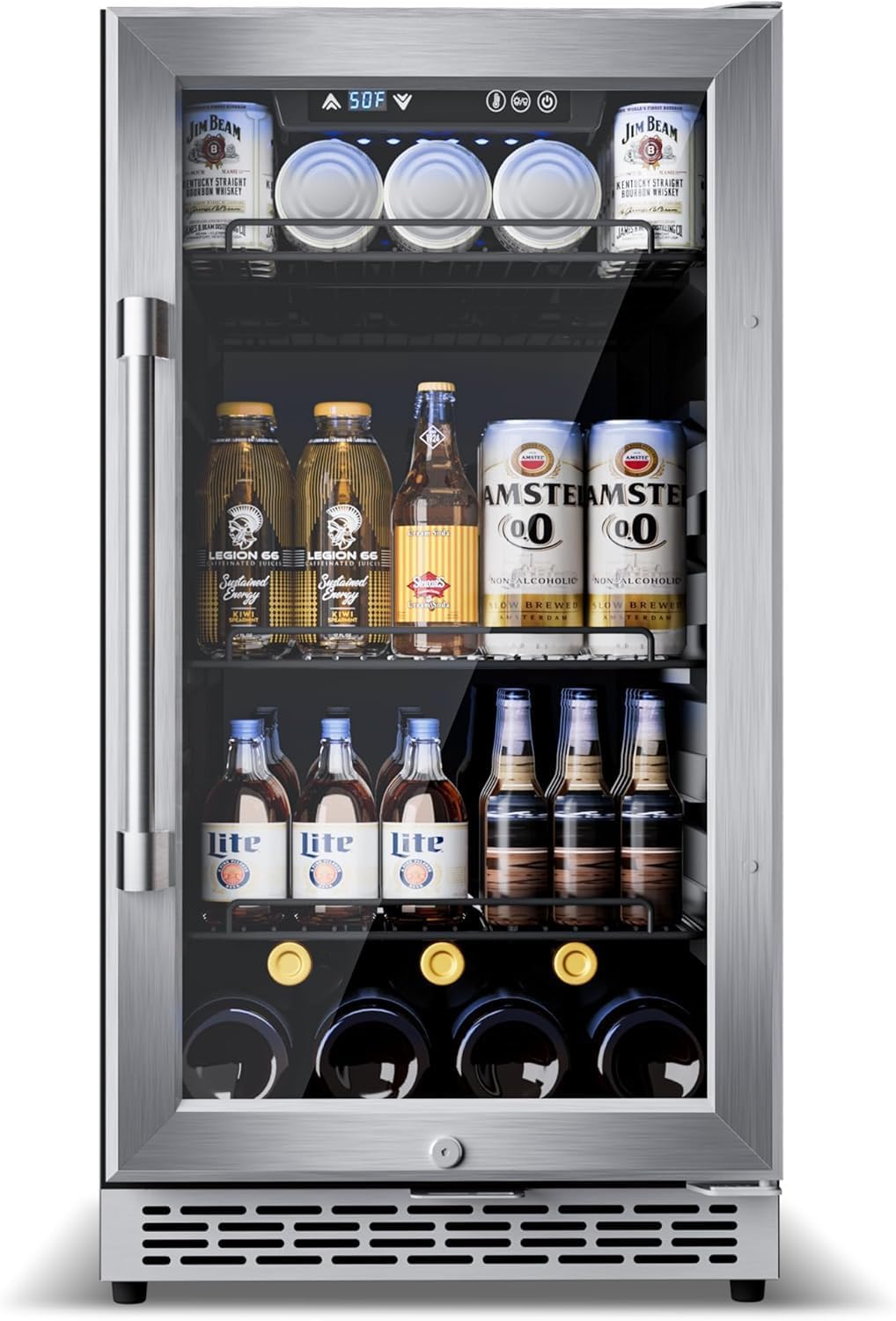 18-inch under-counter beverage refrigerator – 140-Can & 20-Bottle Capacity, Dual-Zone Built-In Beverage Cooler with Glass Door and Quiet Advanced Cooling System